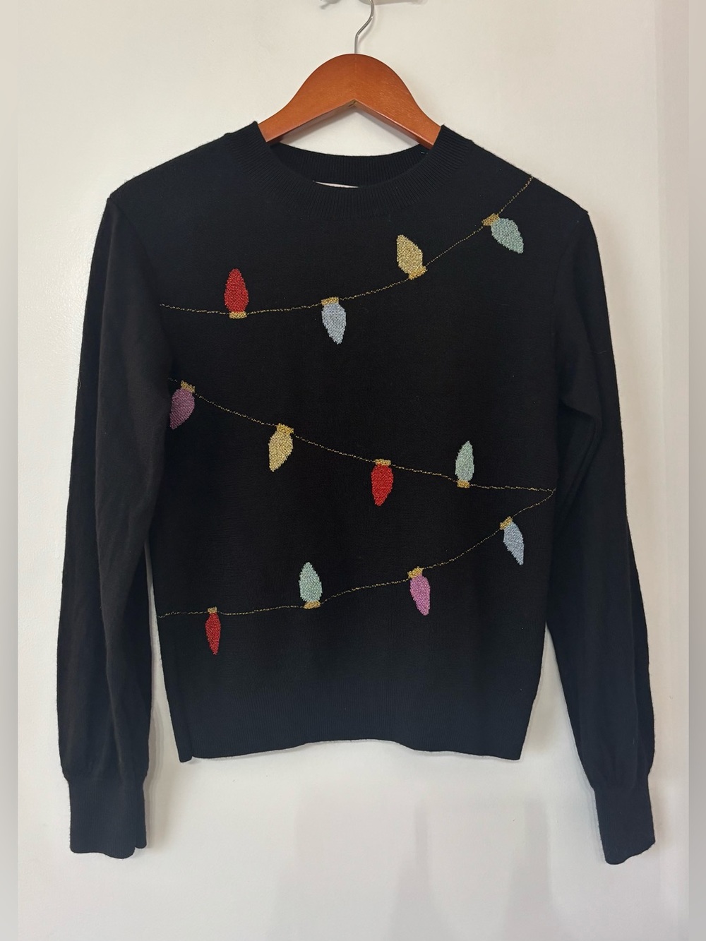 Kate Spade Wool Christmas String Lights Sweater Black Metallic Holiday XS